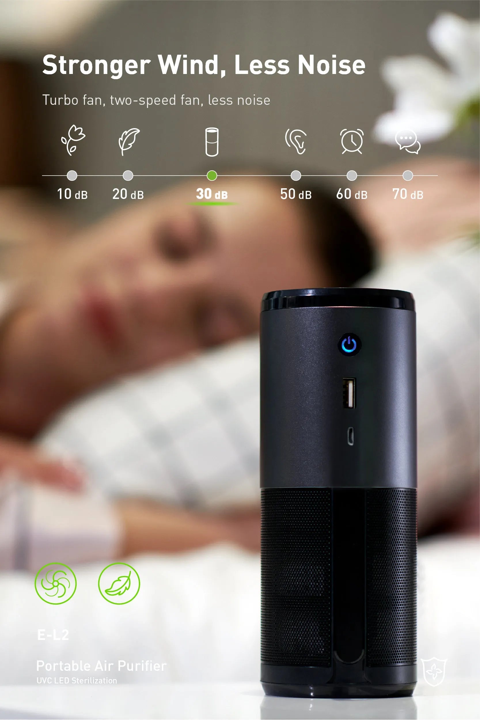 Black portable mini car air purifier with USB cable and smart sensor display