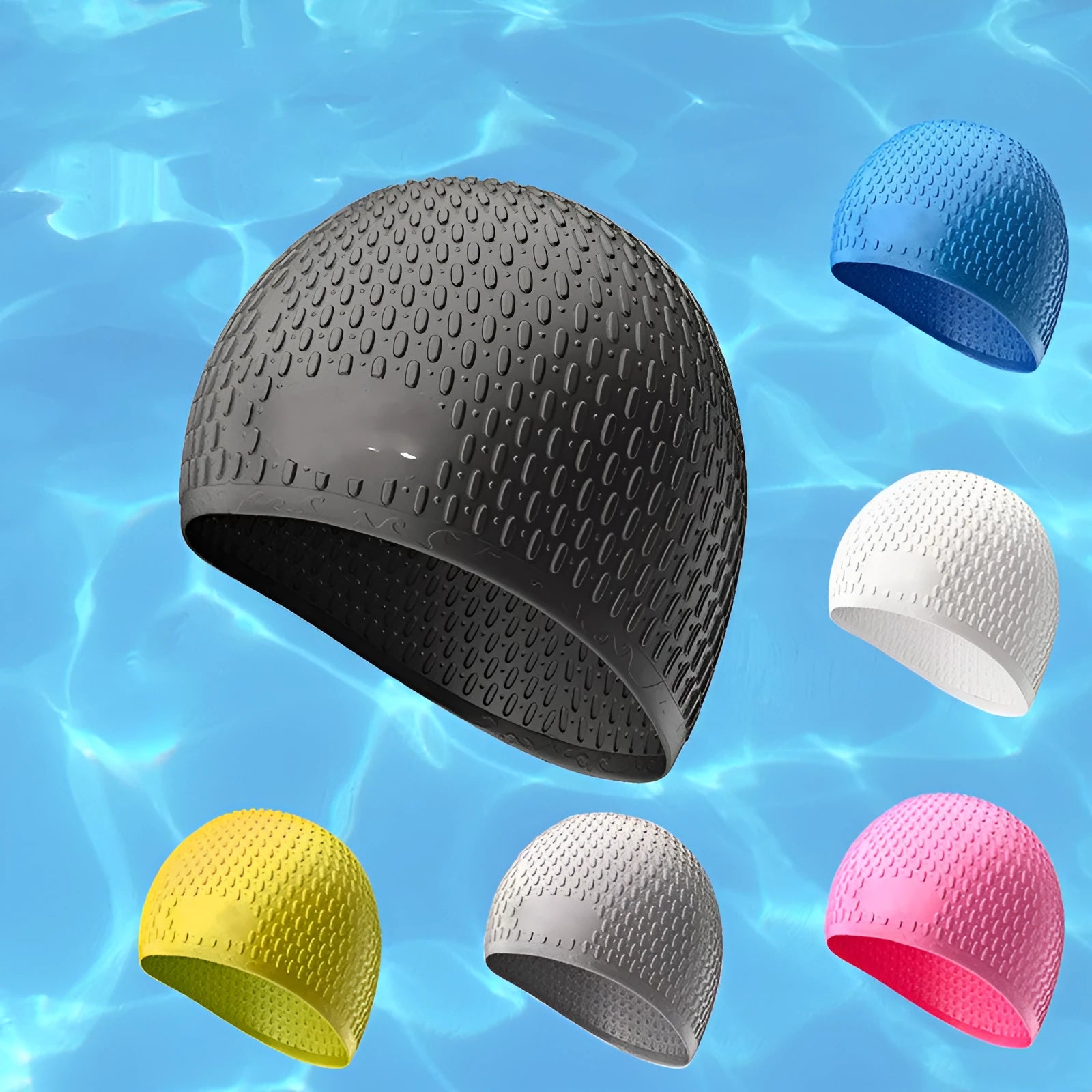 Solid colour silicone swimming cap for adults on white background.