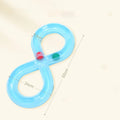 Blue cat turntable toy with rotating ball track and feather teaser wand on floor