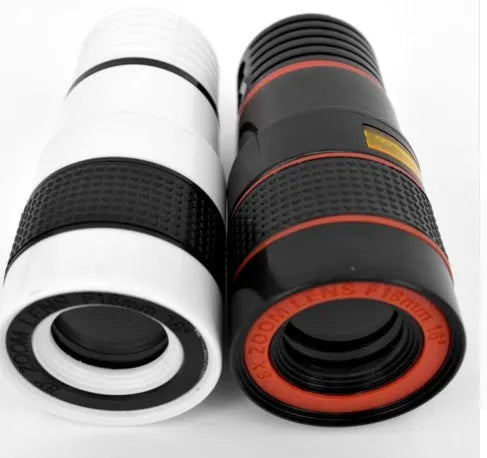 12X telephoto phone camera lens with clip attached to smartphone showing long distance zoom capability