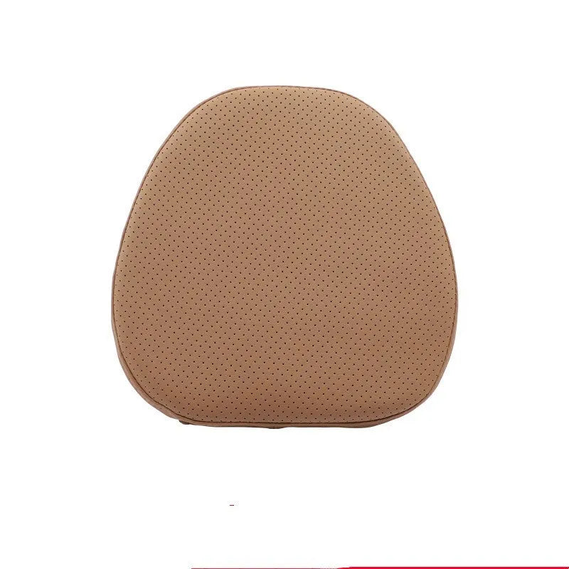 Minimalist brown synthetic fibre headrest cushion and neck pillow for a Volvo car seat.