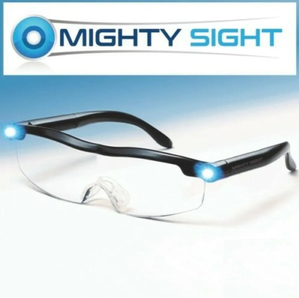 Transparent black USB LED reading glasses with on-frame light.