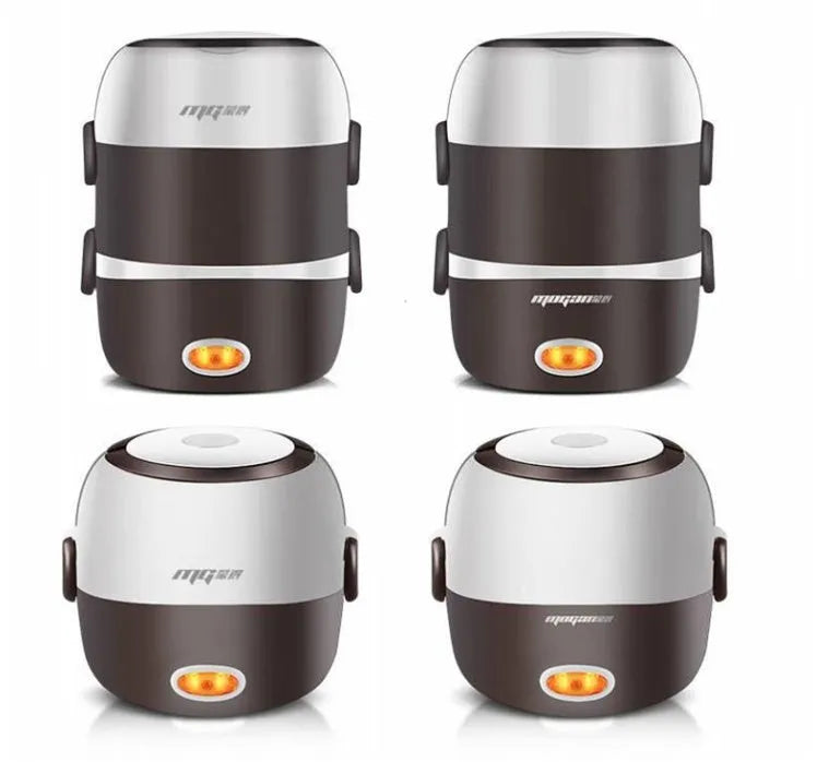 White 2L rice cooker with 200w power and 2-layer steaming option on a kitchen counter