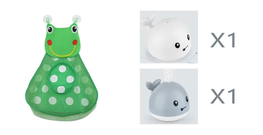 White and blue electric whale bath toy spraying water with lights on a base.