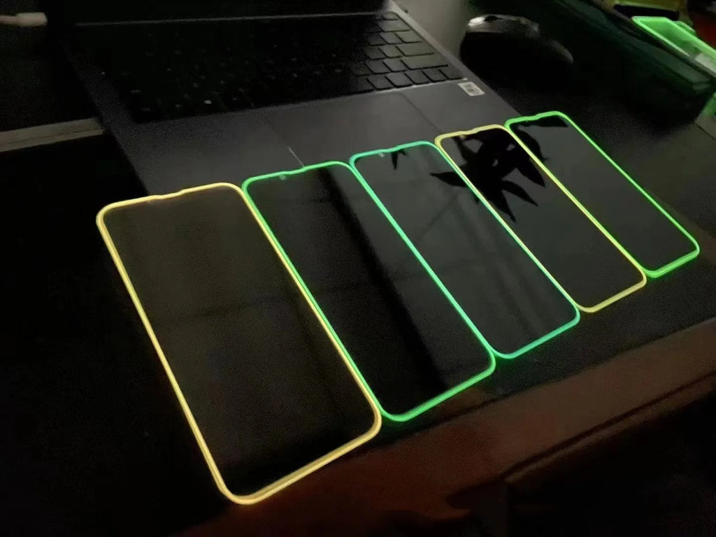 Fluorescent tempered glass screen protector for iPhone showing pink yellow green blue grass green colour options