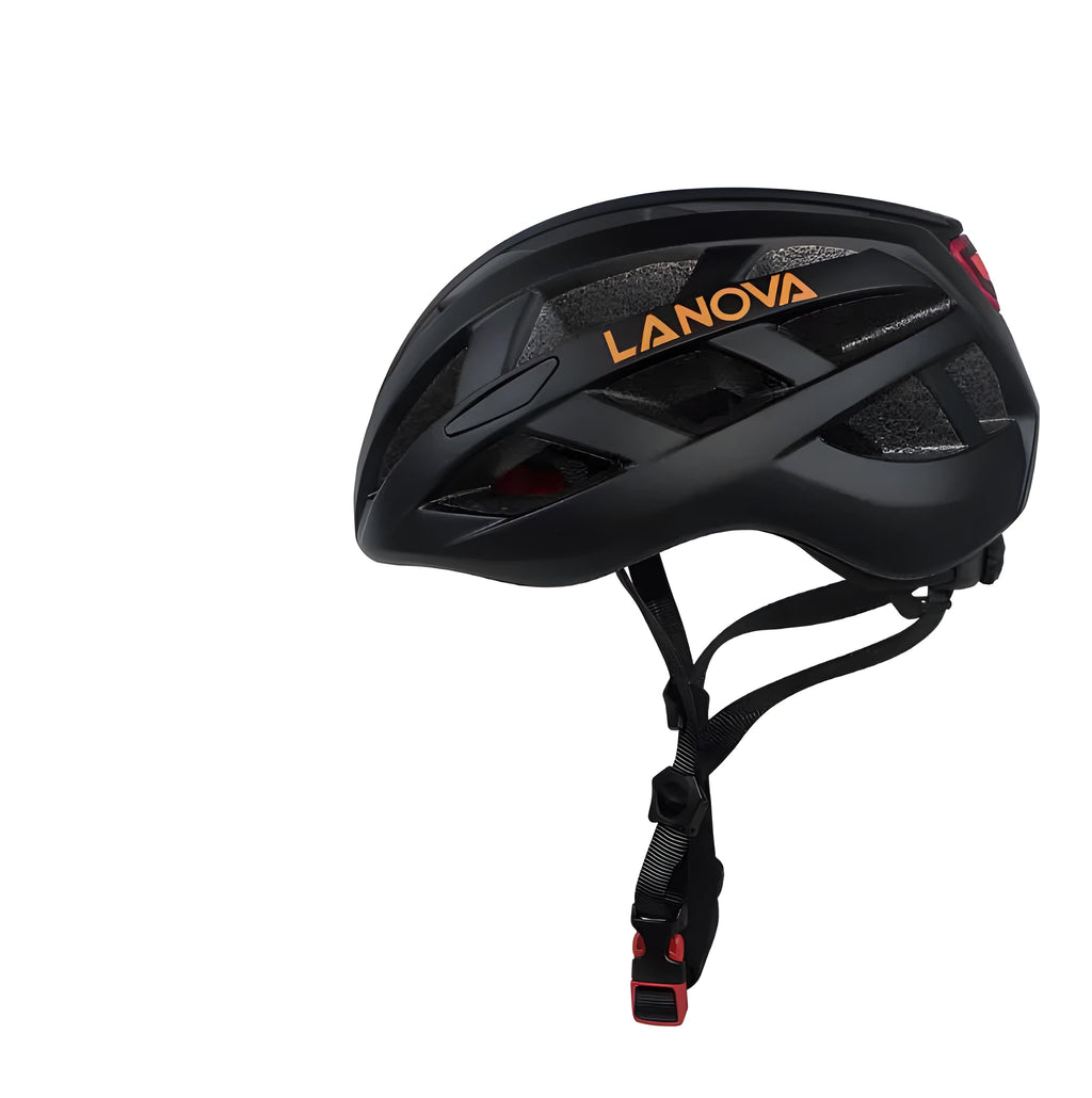 Unisex one-piece bicycle helmet with warning light, PC EPS construction, 23 air vents, matte black finish