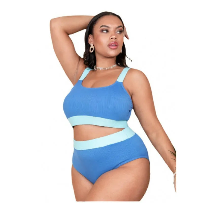 Women's polyester high-waist bikini swimsuit set in picture colour showing stitching details
