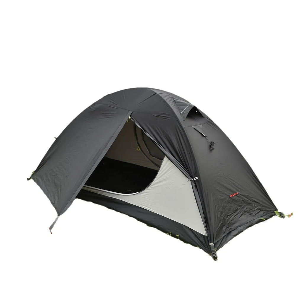 Single person hiking tent with aluminum poles in red, shown with double layer design and mesh ventilation panel.