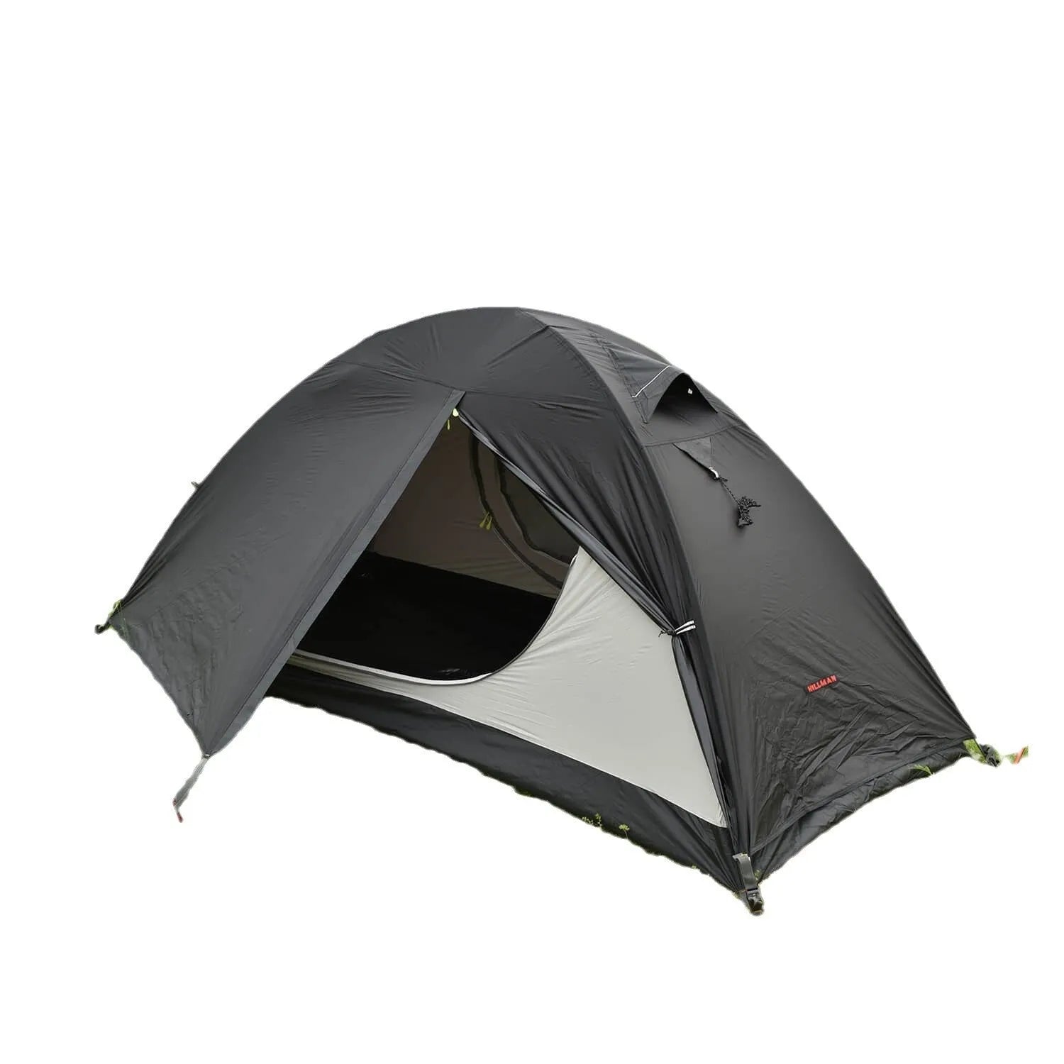 Single person hiking tent with aluminum poles in red, shown with double layer design and mesh ventilation panel.