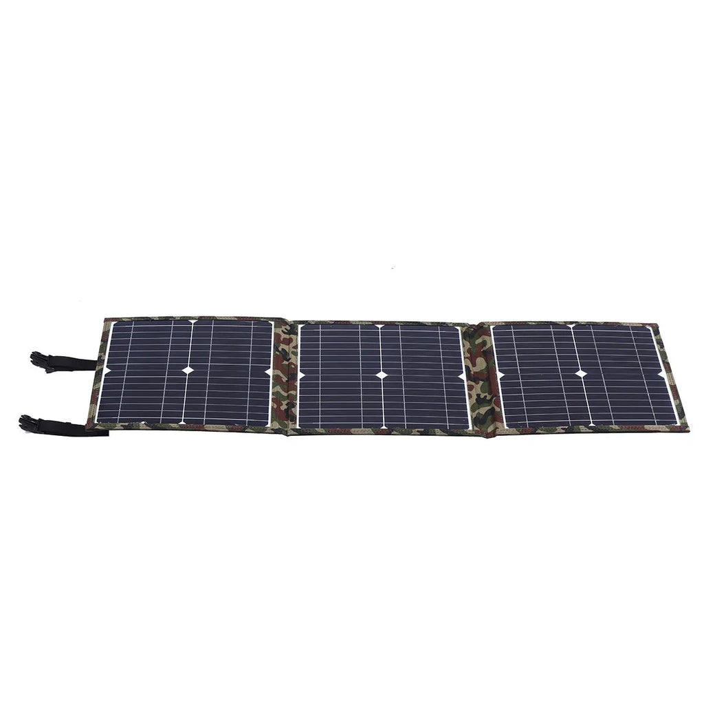 Black foldable 36W portable solar panel unfolded with included charging accessories