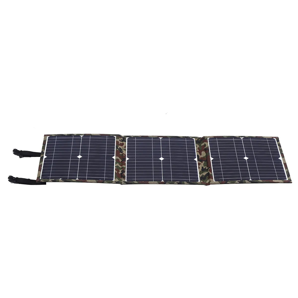 Black foldable 36W portable solar panel unfolded with included charging accessories