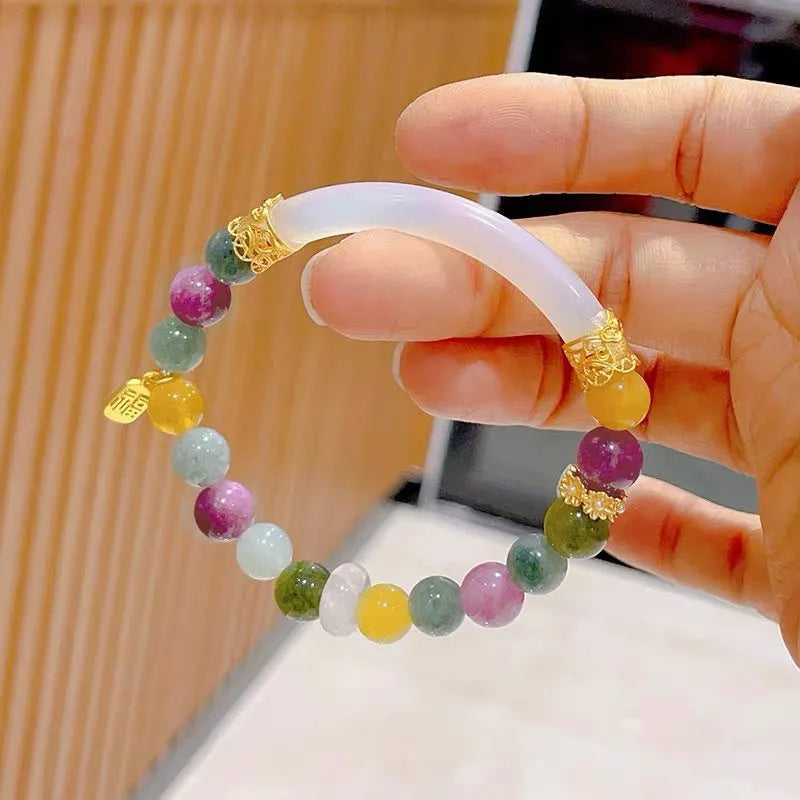 Natural jade rainbow tourmaline half bracelet for women with electroplated finish, 20g weight