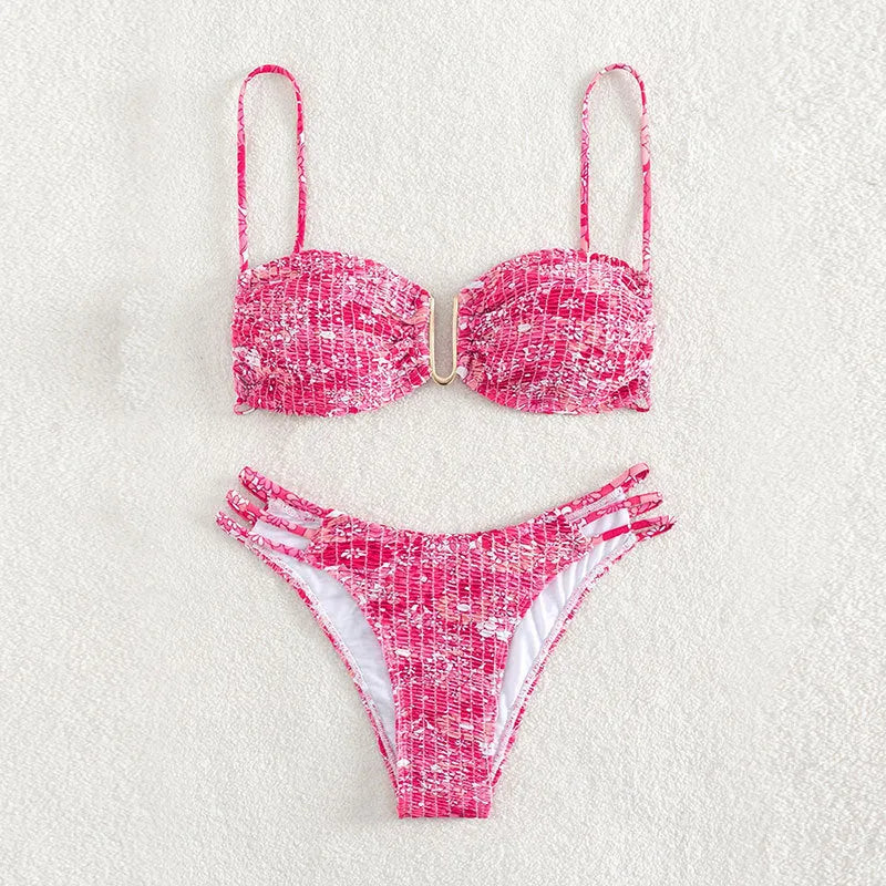 Women's high-waist floral bikini swimsuit in blue, orange, pink, or rose red.