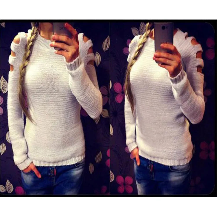 Women's white hollow-out crochet knit shirt with round neck and long sleeves
