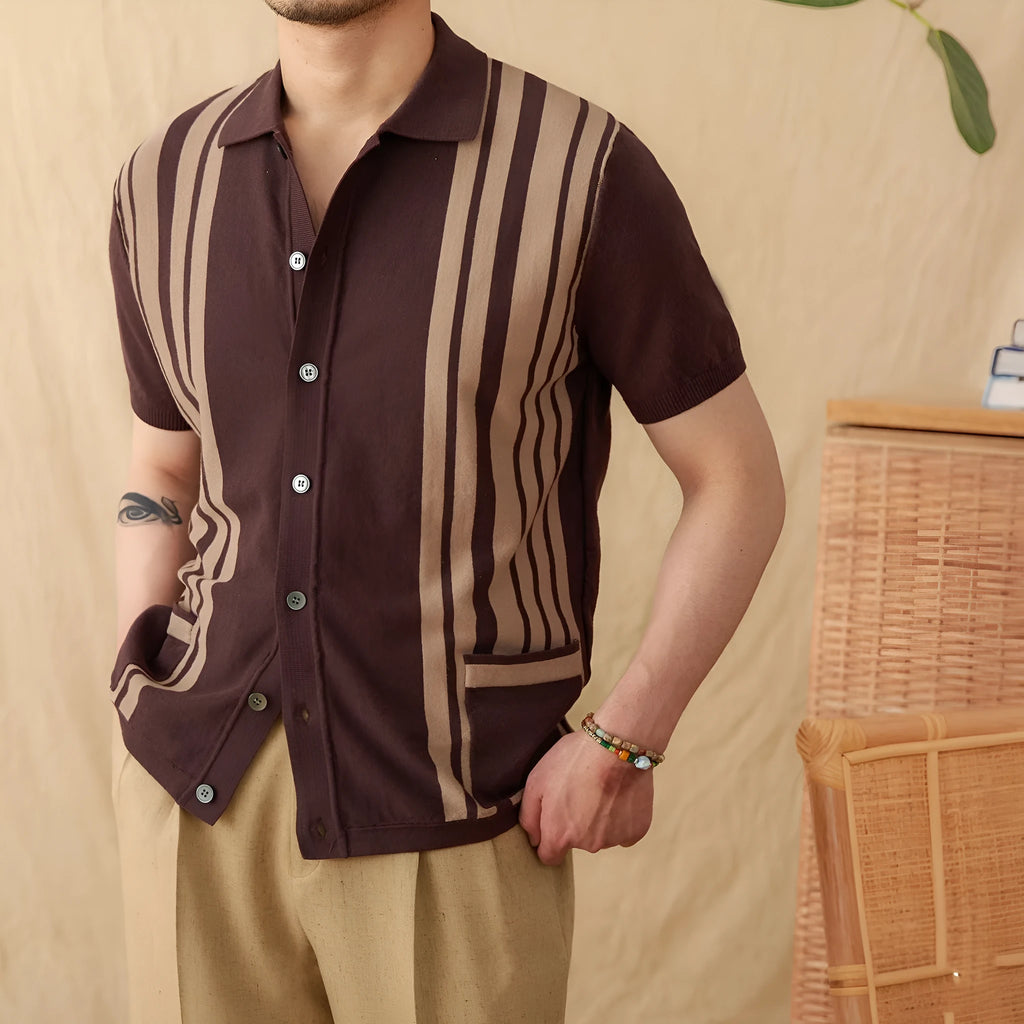 Short-sleeved striped knitted cardigan polo shirt with lapel collar in light blue, royal blue, and brown.