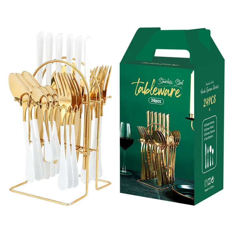 24-piece gold stainless steel dinnerware set with storage rack including knives forks spoons teaspoons