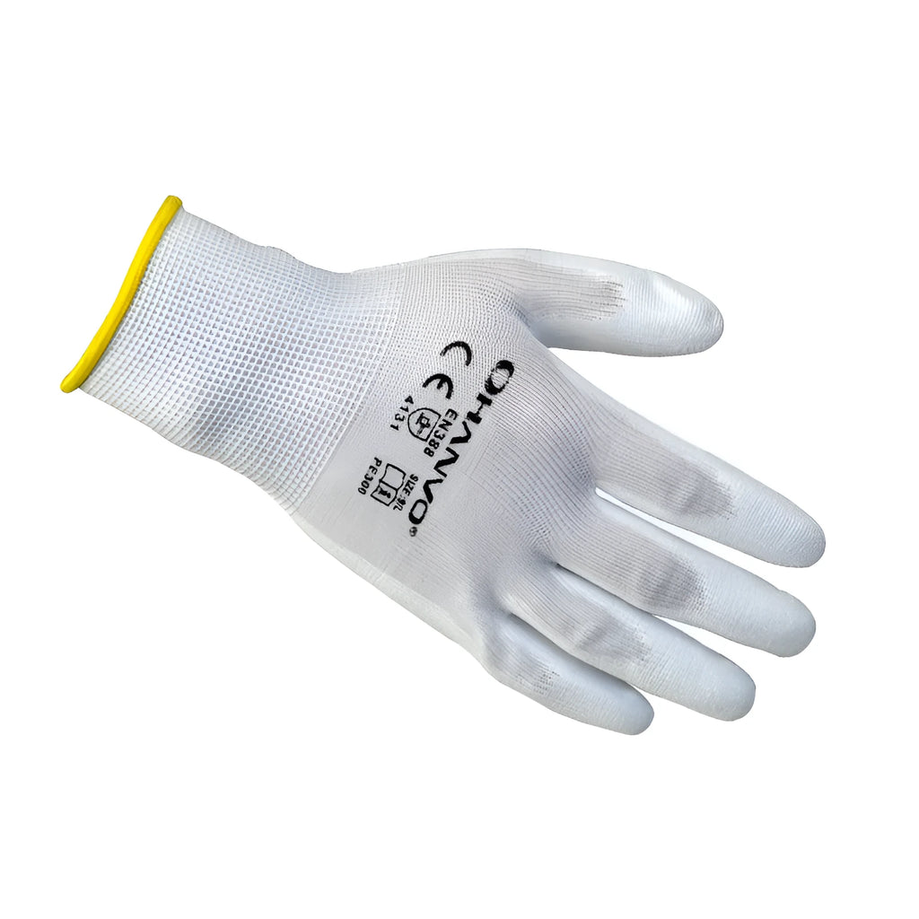 White PU coated labour gloves showing palm grip texture and 24 cm length.