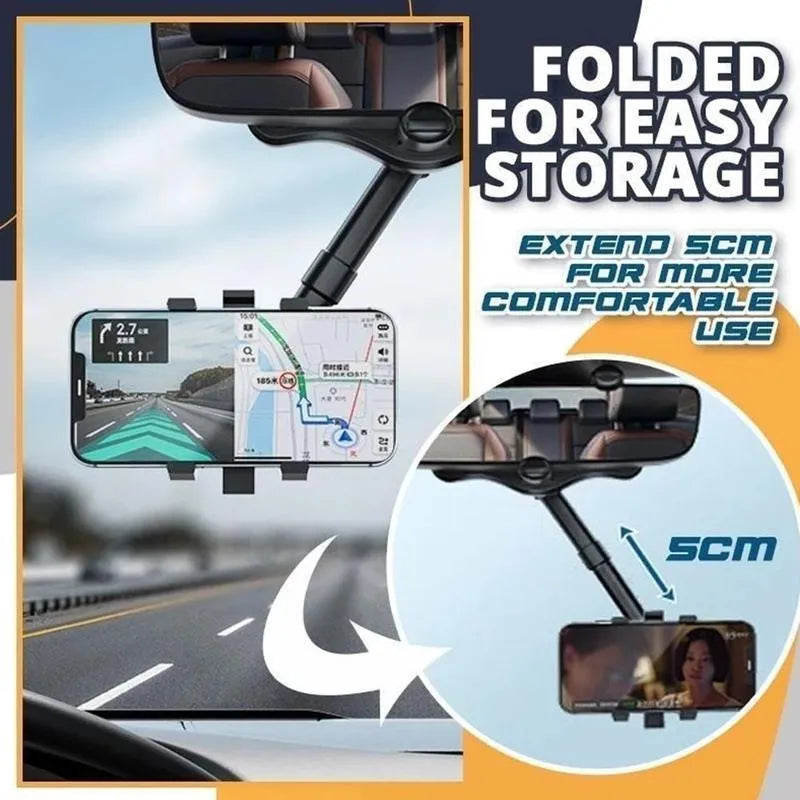 Black rearview mirror phone holder with rotating head and telescopic arm extended