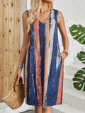 V-neck sleeveless midi dress with striped colour-block pattern in polyester fabric