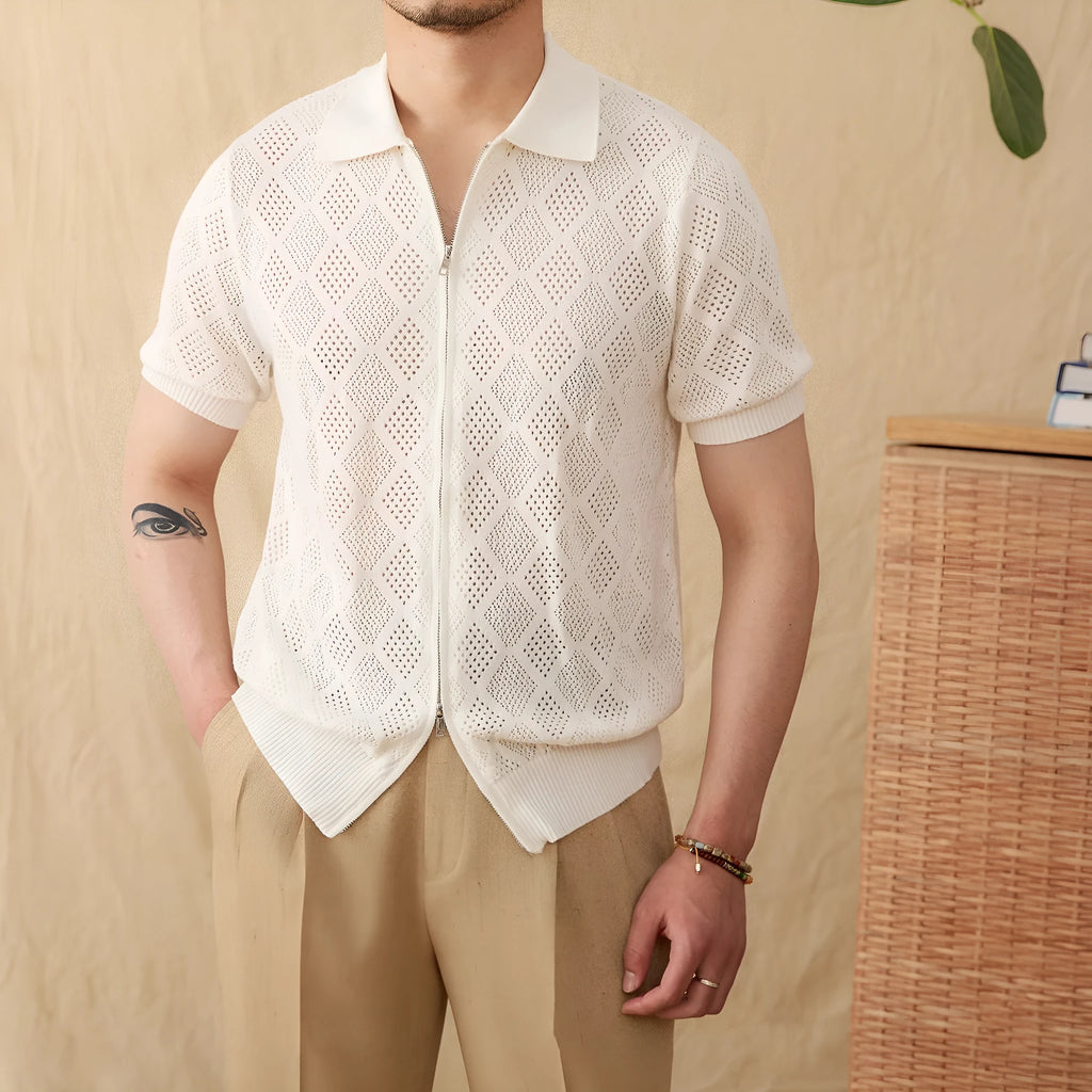 Light brown cotton short sleeve cardigan with lapel collar and zip front closure