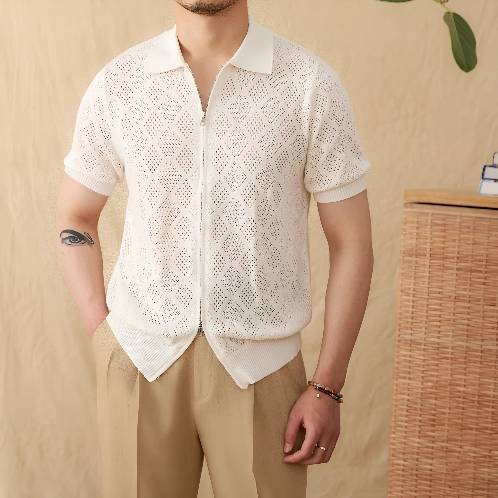 Light brown cotton short sleeve cardigan with lapel collar and zip front closure