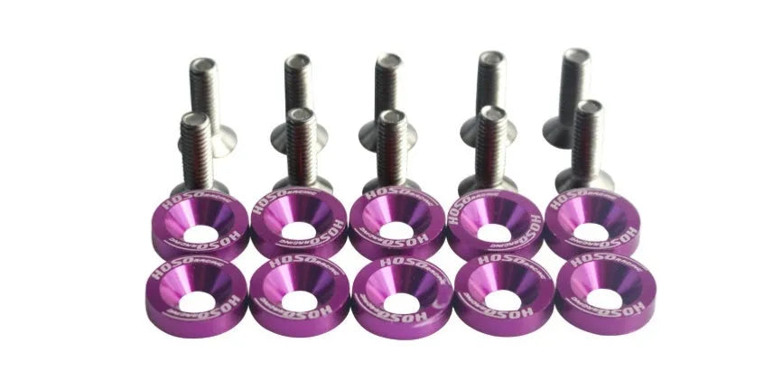 Ten car modification gasket screws in assorted colours on a dark background