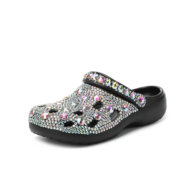 Black platform casual sandals for women with rhinestone details and hole shoe design