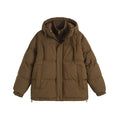Beige loose fake cotton-padded winter jacket with side seam pockets on a mannequin.
