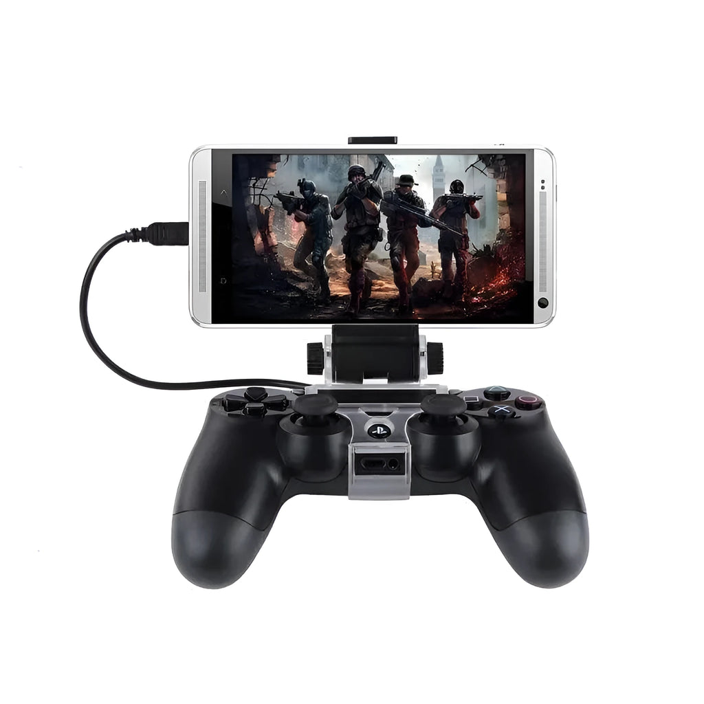 Black PS4 controller mount clip holding an Android phone with OTG cable connected, showing gaming setup