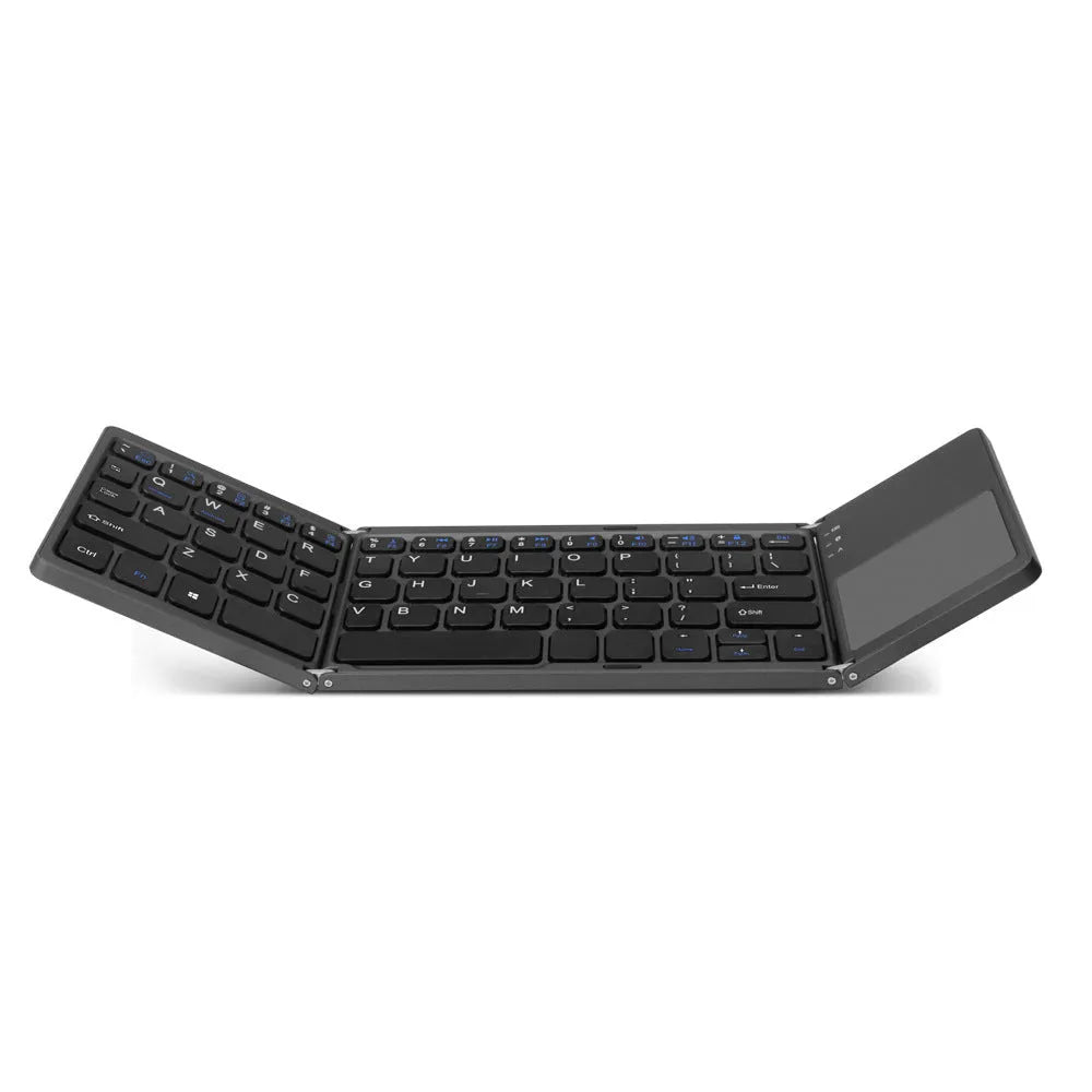 Ultra-thin tri-fold folding Bluetooth keyboard with touchpad, shown in black, folded and unfolded.