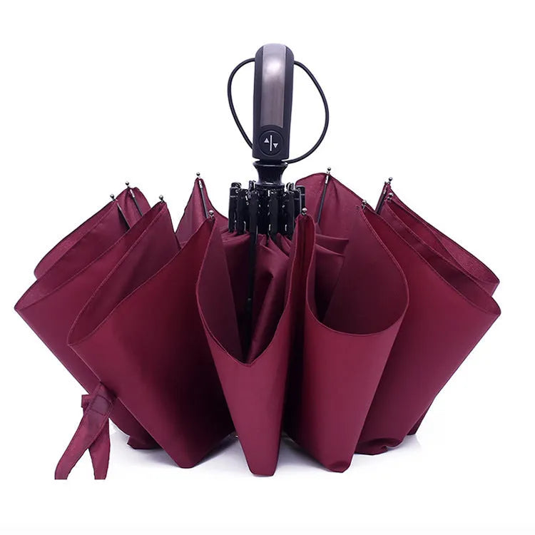 Triple folding business advertising umbrella with automatic opening mechanism and rubber handle