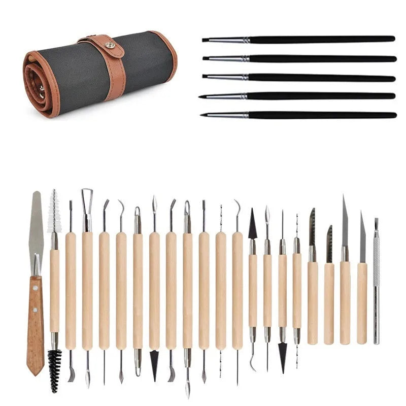 27-piece pottery clay tool set in a brown roll package for sculpting and DIY