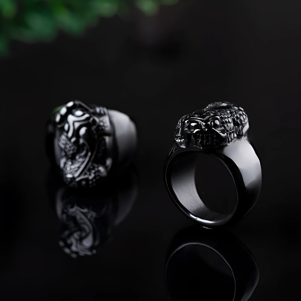 Natural gold sheen obsidian Pixiu ring for men on alloy band, size No 21, obsidian colour