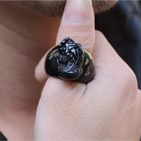 Natural gold sheen obsidian Pixiu ring for men on alloy band, size No 21, obsidian colour