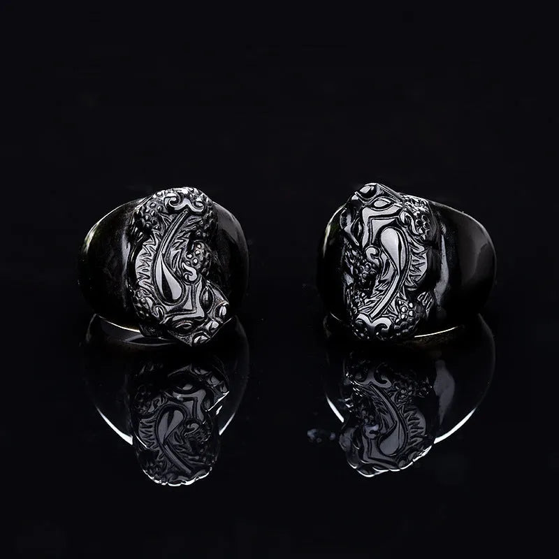 Natural gold sheen obsidian Pixiu ring for men on alloy band, size No 21, obsidian colour