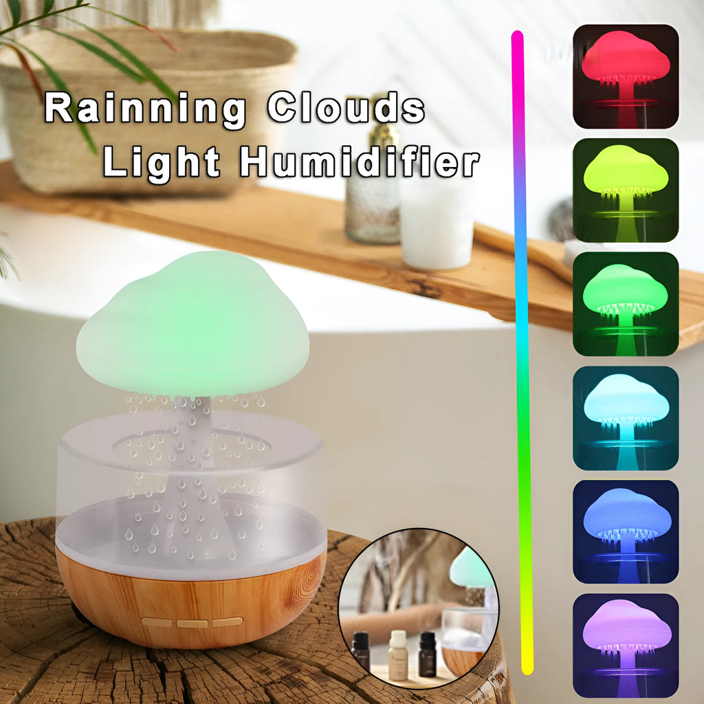 Raining Cloud humidifier with night light and white finish, 400ml tank, USB powered, showing water drop effect