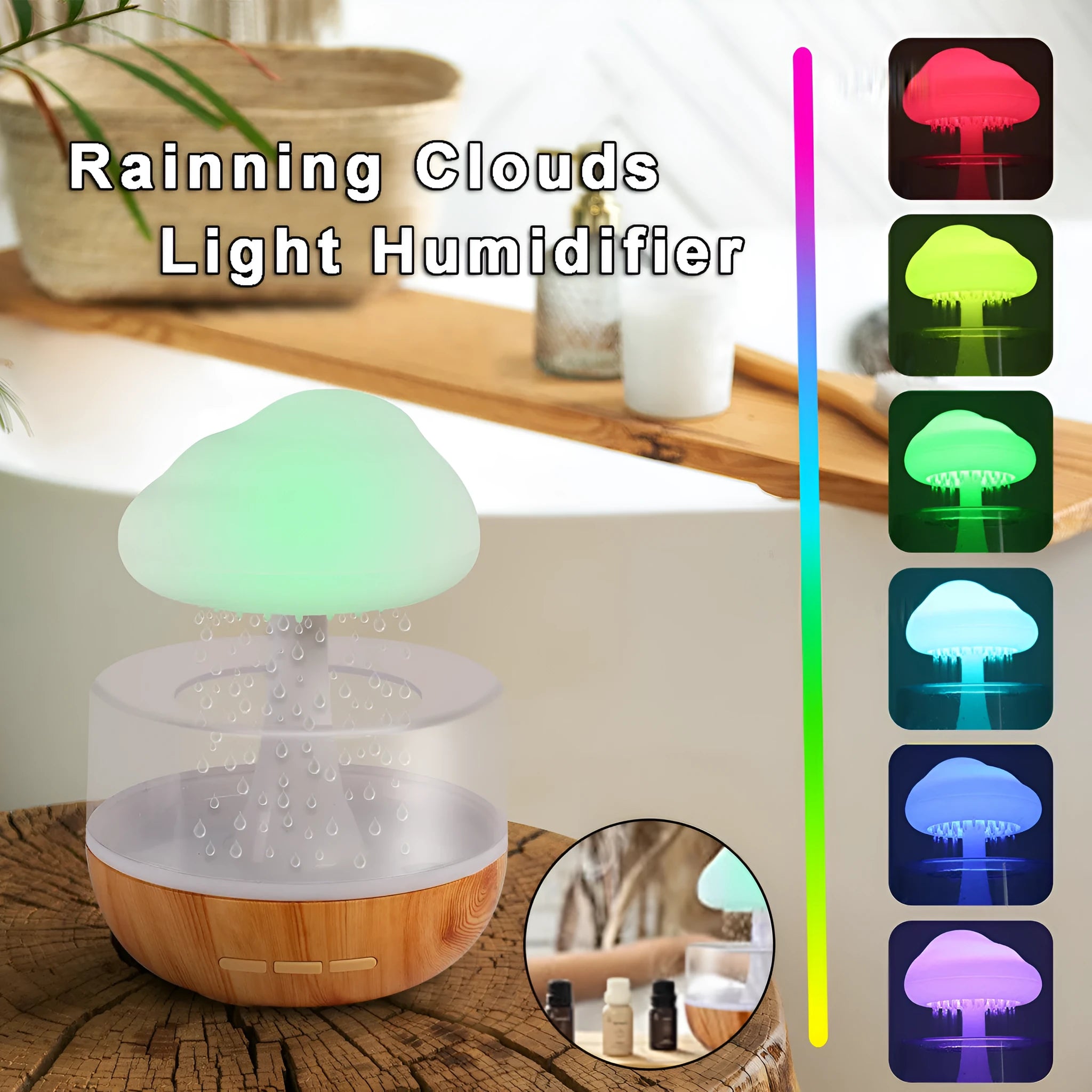 Raining Cloud humidifier with night light and white finish, 400ml tank, USB powered, showing water drop effect