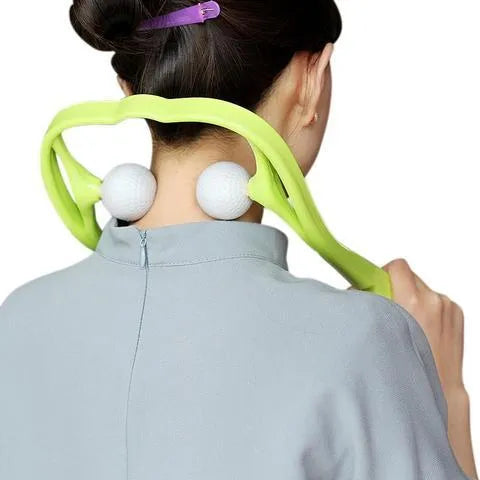 Blue plastic swan-shaped handheld neck massager with a flexible stand on a white background.