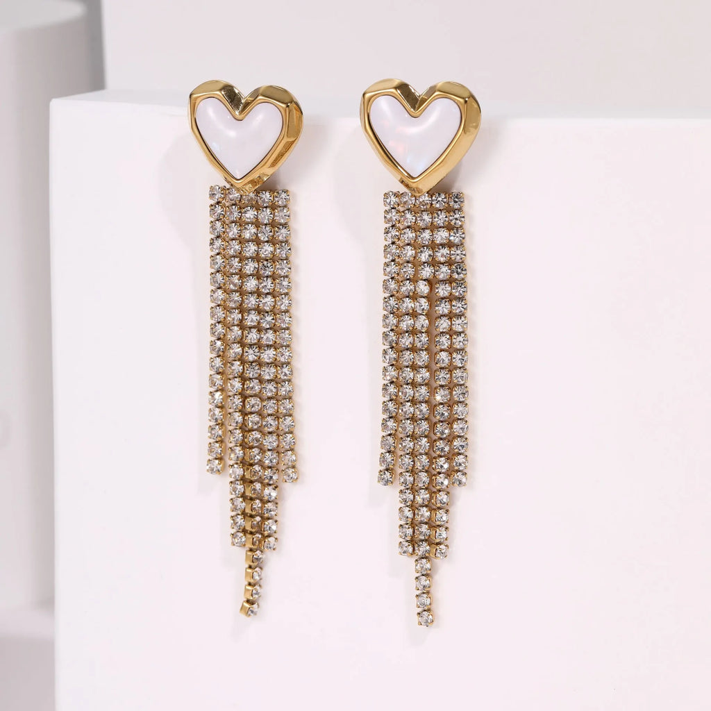 Diamond tassel stainless steel earrings with electroplated 18K gold finish in heart and star shapes