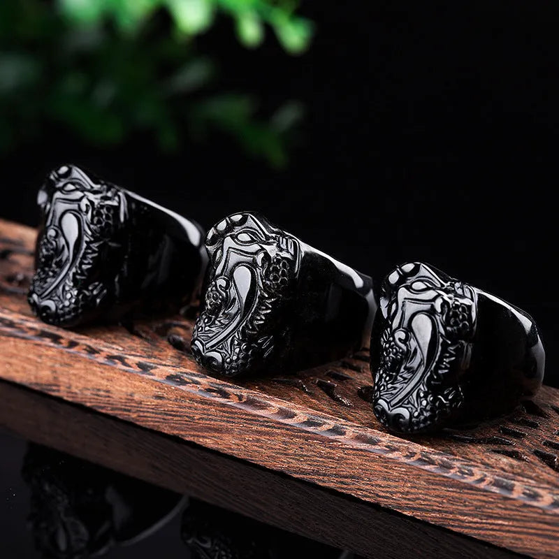 Natural gold sheen obsidian Pixiu ring for men on alloy band, size No 21, obsidian colour