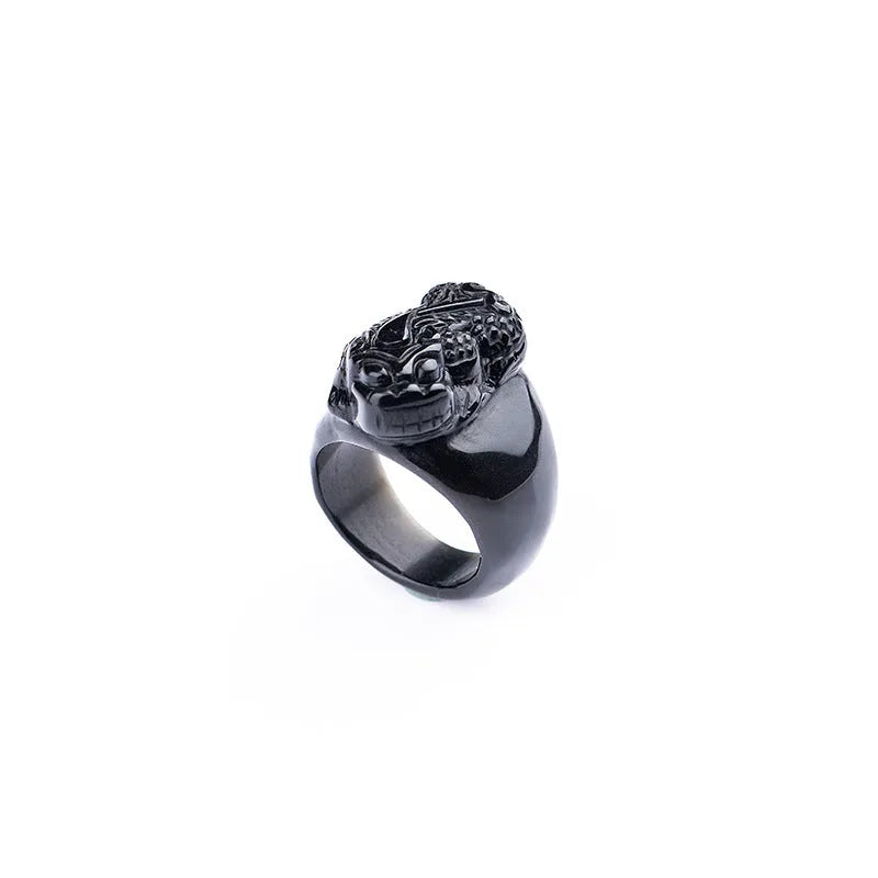 Natural gold sheen obsidian Pixiu ring for men on alloy band, size No 21, obsidian colour