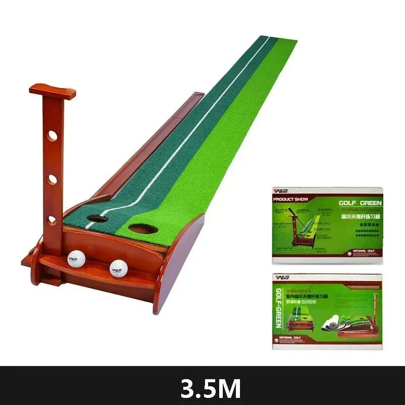 Indoor golf putter practice mat with solid wood base and automatic ball return in 3 metre length