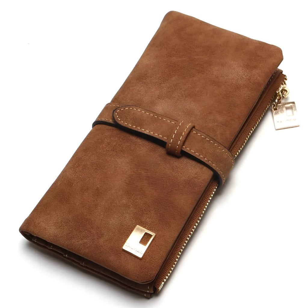 Women's retro matte PU leather long wallet with zip closure showing internal card slots and compartments