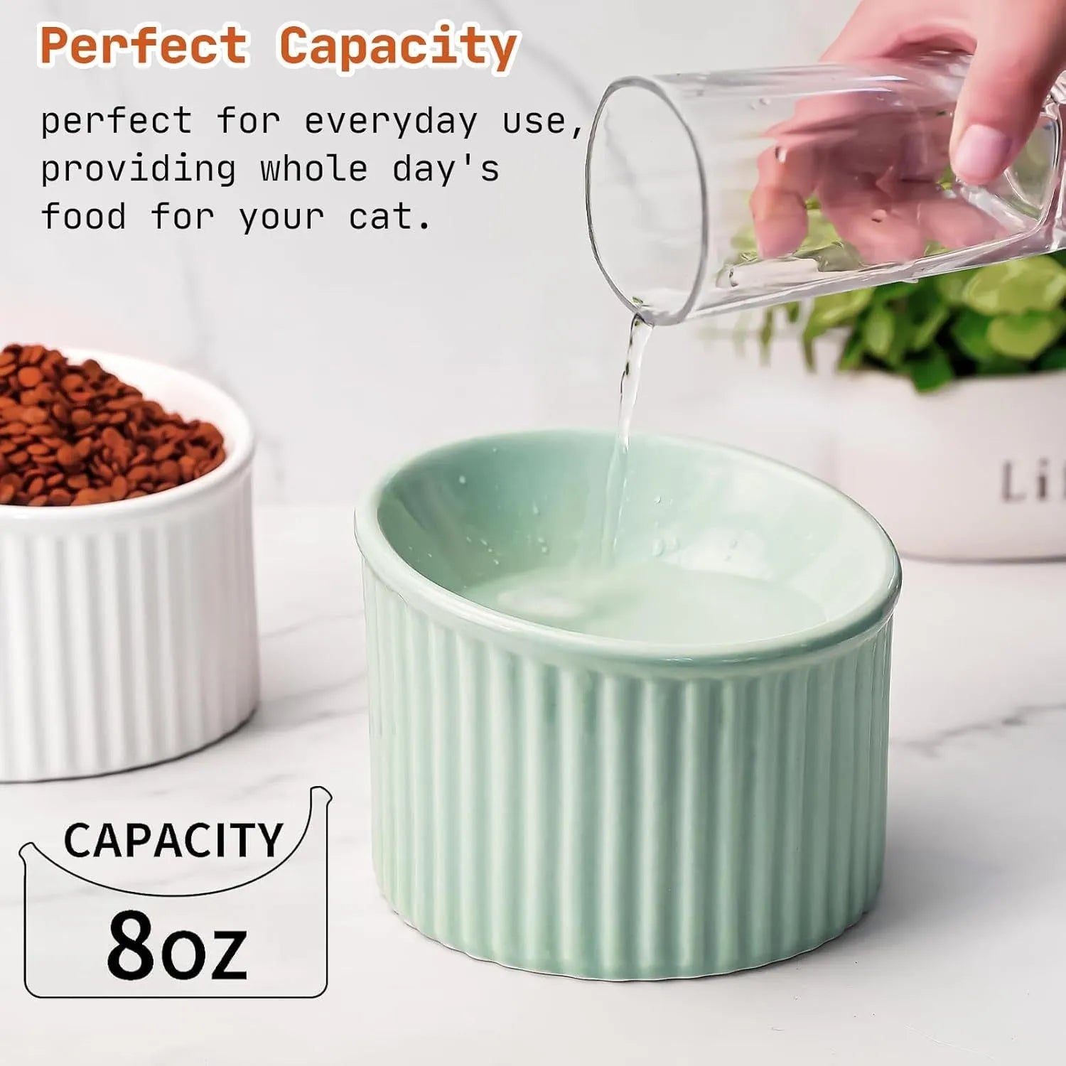 Ceramic raised cat bowl with tilted design in green colour on wooden surface
