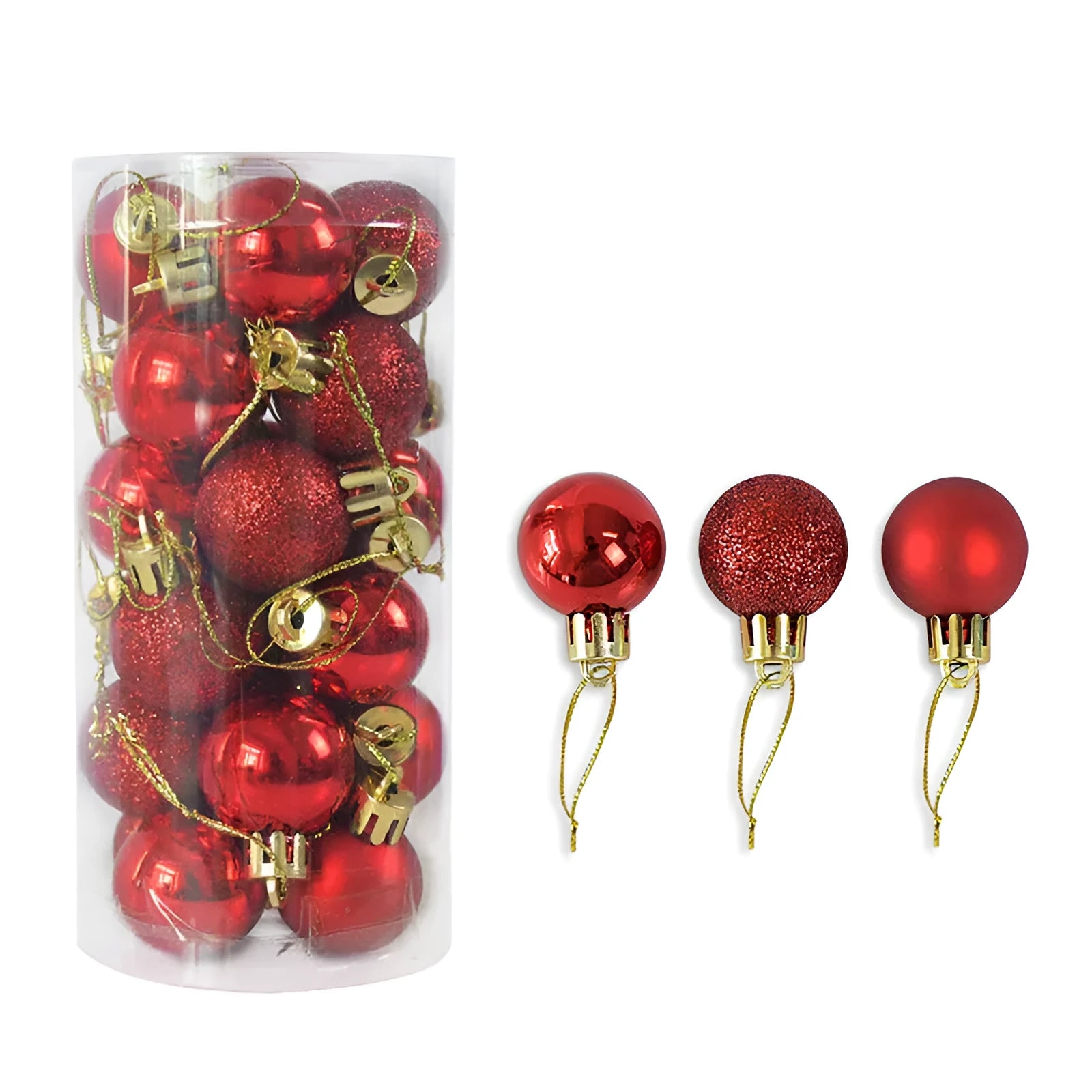 Assortment of 3cm shiny and matte finish Christmas decoration balls in gold, red, silver, and blue colours.