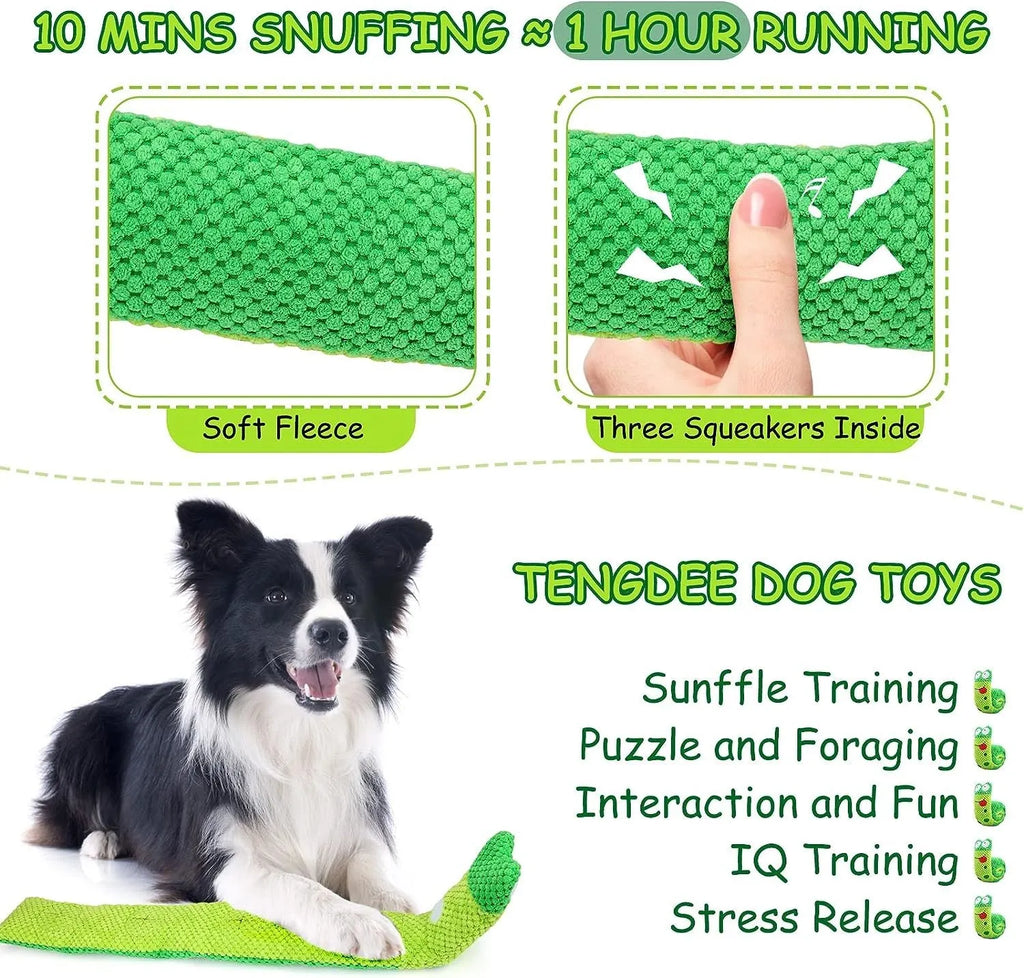 Squeak dog puzzle toy shown in snail and stick shapes with hidden food holes for foraging games