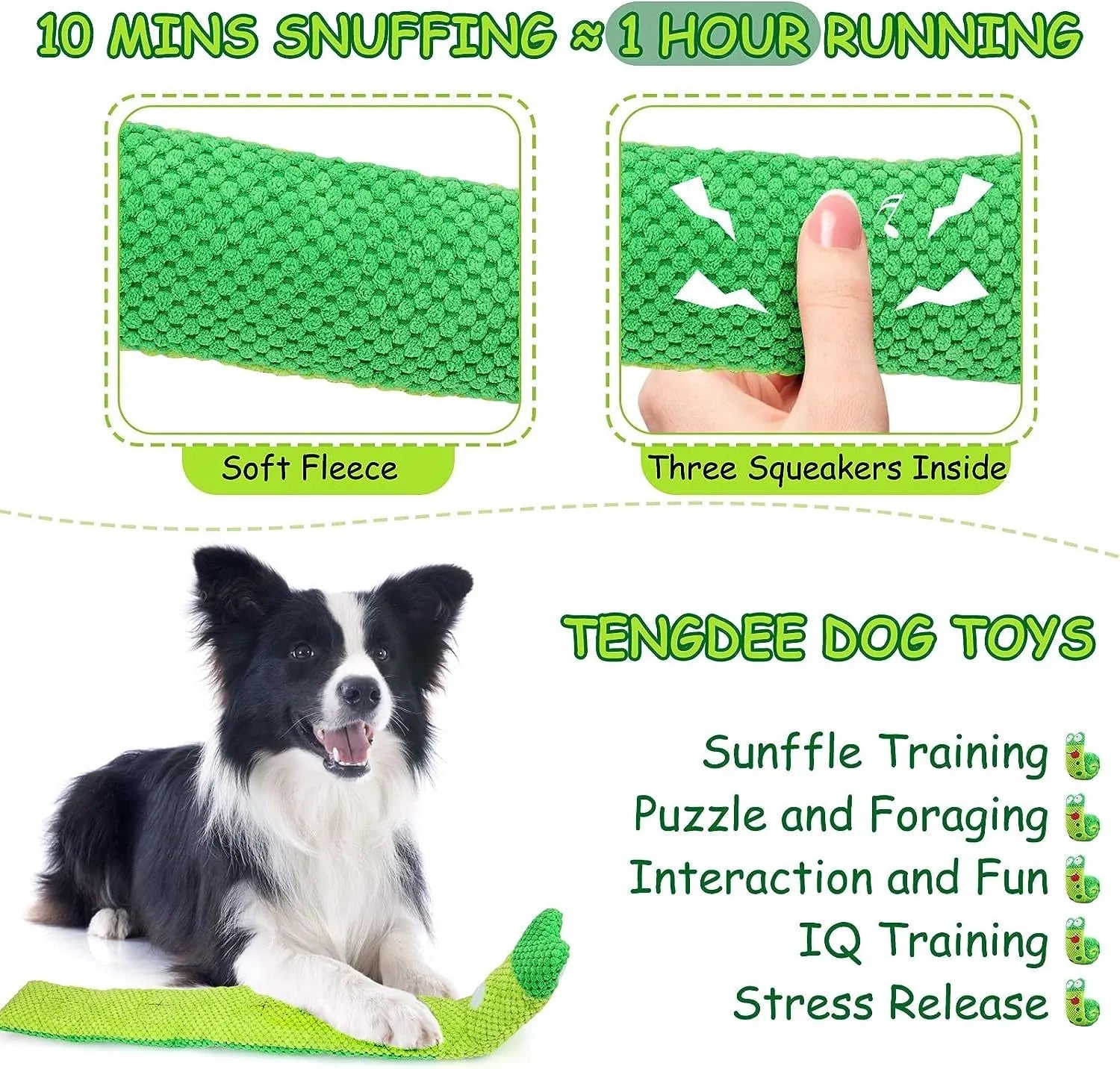 Squeak dog puzzle toy shown in snail and stick shapes with hidden food holes for foraging games