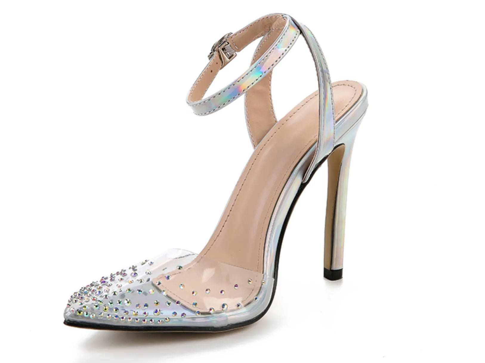 Women's pointed toe stiletto sandals with diamond decorations on PVC upper