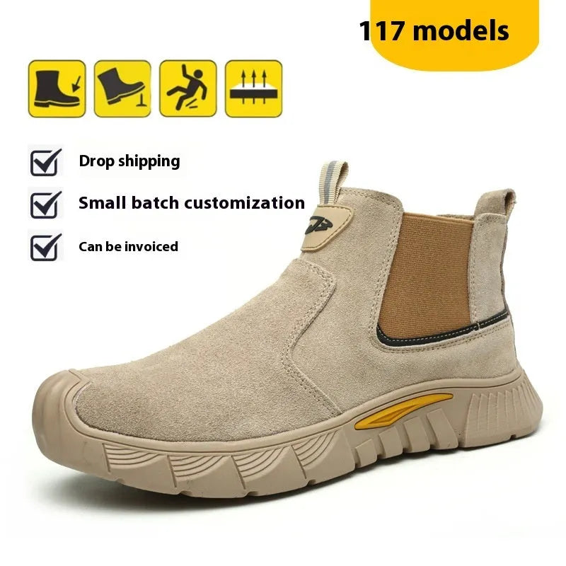 High-top steel toe cap work shoes with anti-penetration sole and front lace-up closure