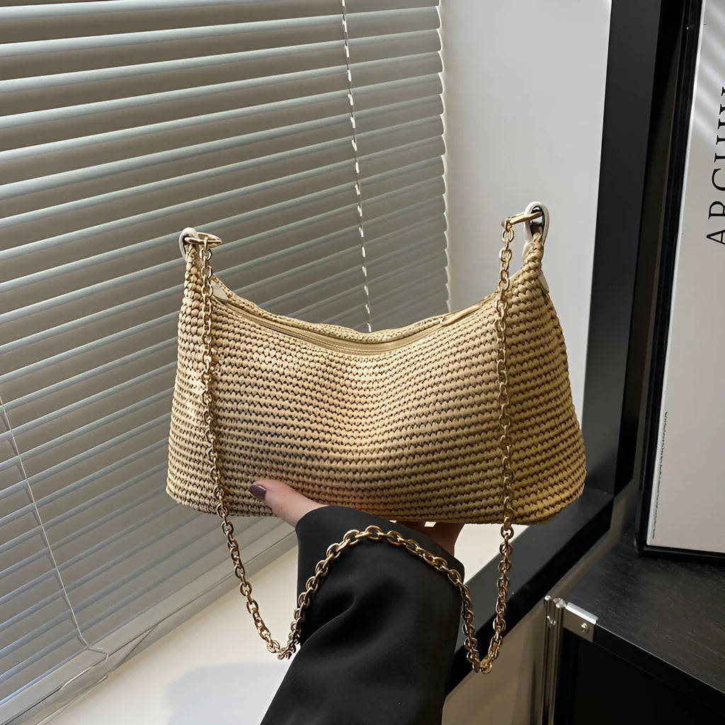 Straw woven beach shoulder tote bag in khaki with sandwich pocket and internal phone pocket